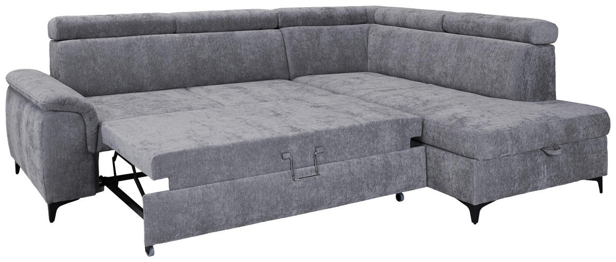 ECKSOFA Hellgrau Chenille Bettkasten, Schlaffunktion, Rücken echt, Kopfteilverstellung, Liegefläche im Originalstoff  - Hellgrau/Schwarz, KONVENTIONELL, Textil/Metall (265/206cm) - Carryhome