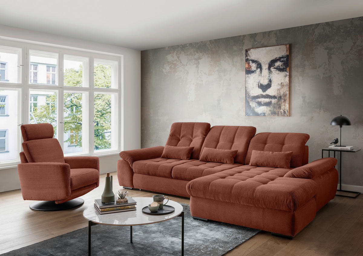 ECKSOFA Koralle Cord  - Koralle/Schwarz, MODERN, Textil/Metall (314/184cm) - Livetastic