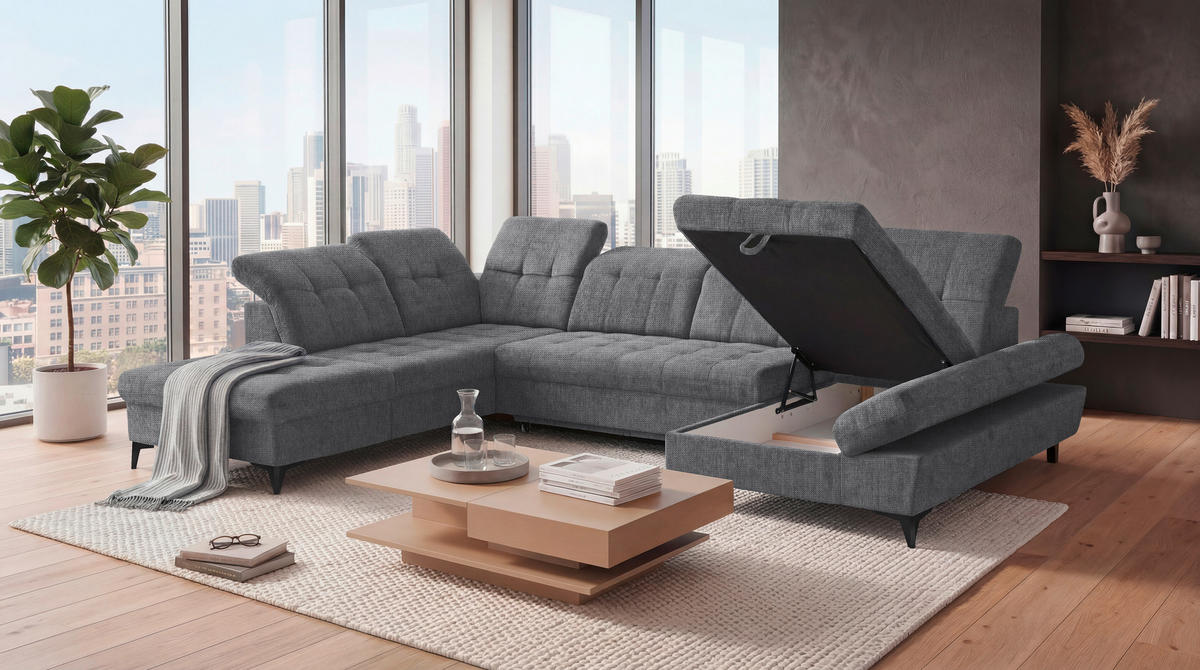 WOHNLANDSCHAFT Mikrovelours Anthrazit  - Anthrazit/Schwarz, Modern, Kunststoff/Textil (245/348/168cm) - MID.YOU