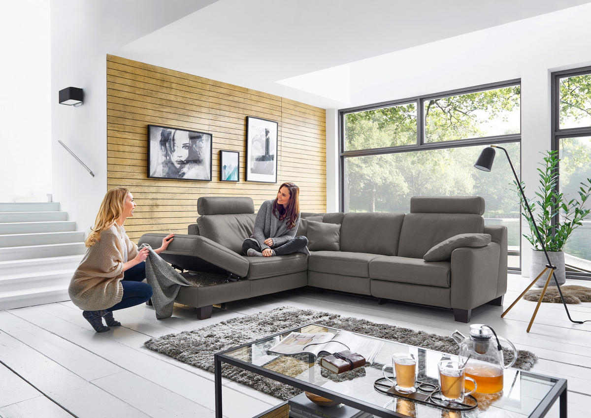ECKSOFA in Echtleder Graubraun  - Eichefarben/Graubraun, Design, Leder/Holz (235/259cm) - Valdera