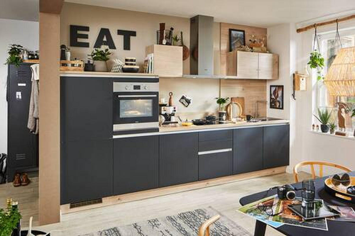 KÜCHENLEERBLOCK 360 cm   in Schwarz, Eichefarben  - Edelstahlfarben/Eichefarben, MODERN, Holzwerkstoff/Metall (360cm) - Express