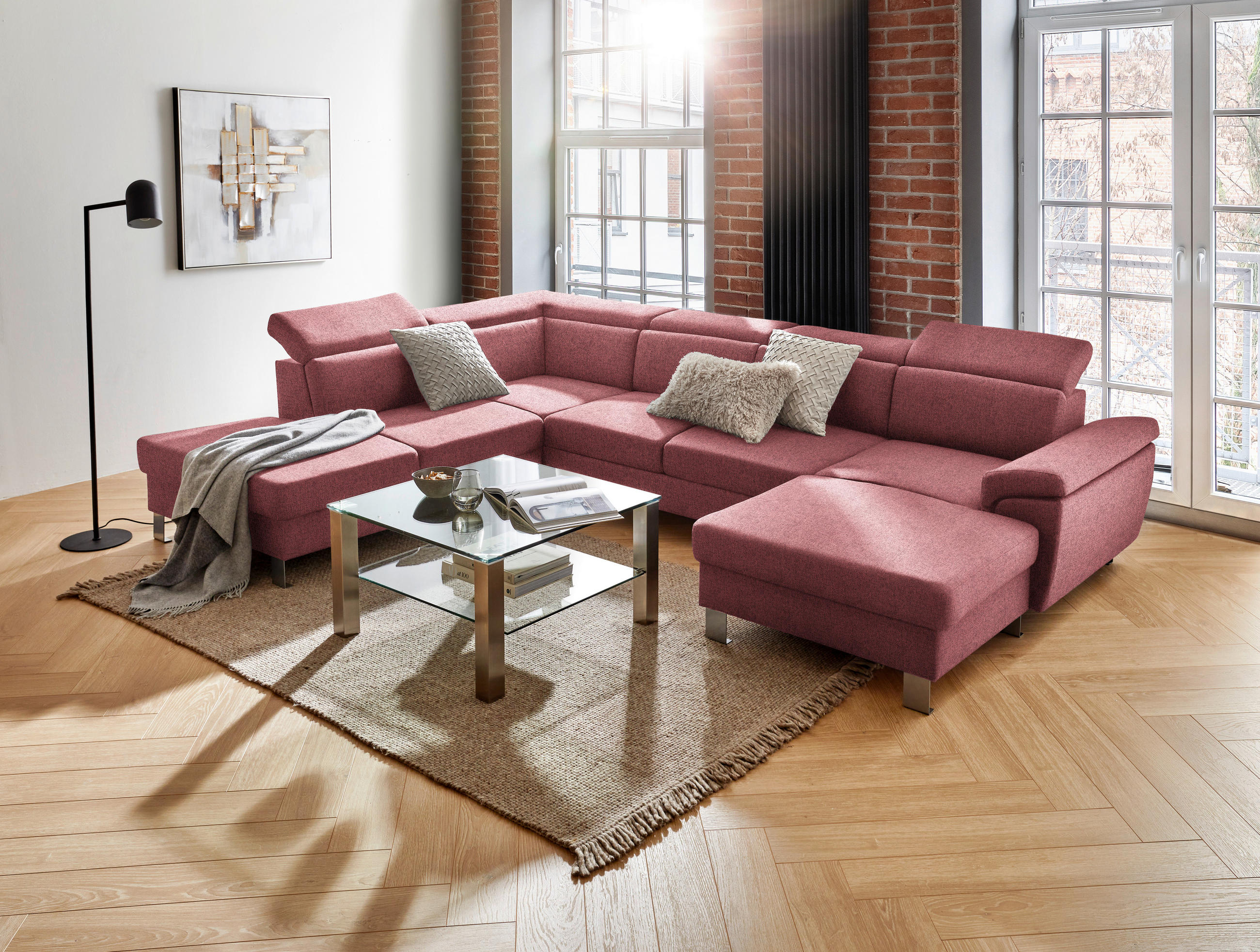 WOHNLANDSCHAFT in Webstoff Hellrot  - Hellrot/Silberfarben, Design, Textil/Metall (226/320/168cm) - Xora