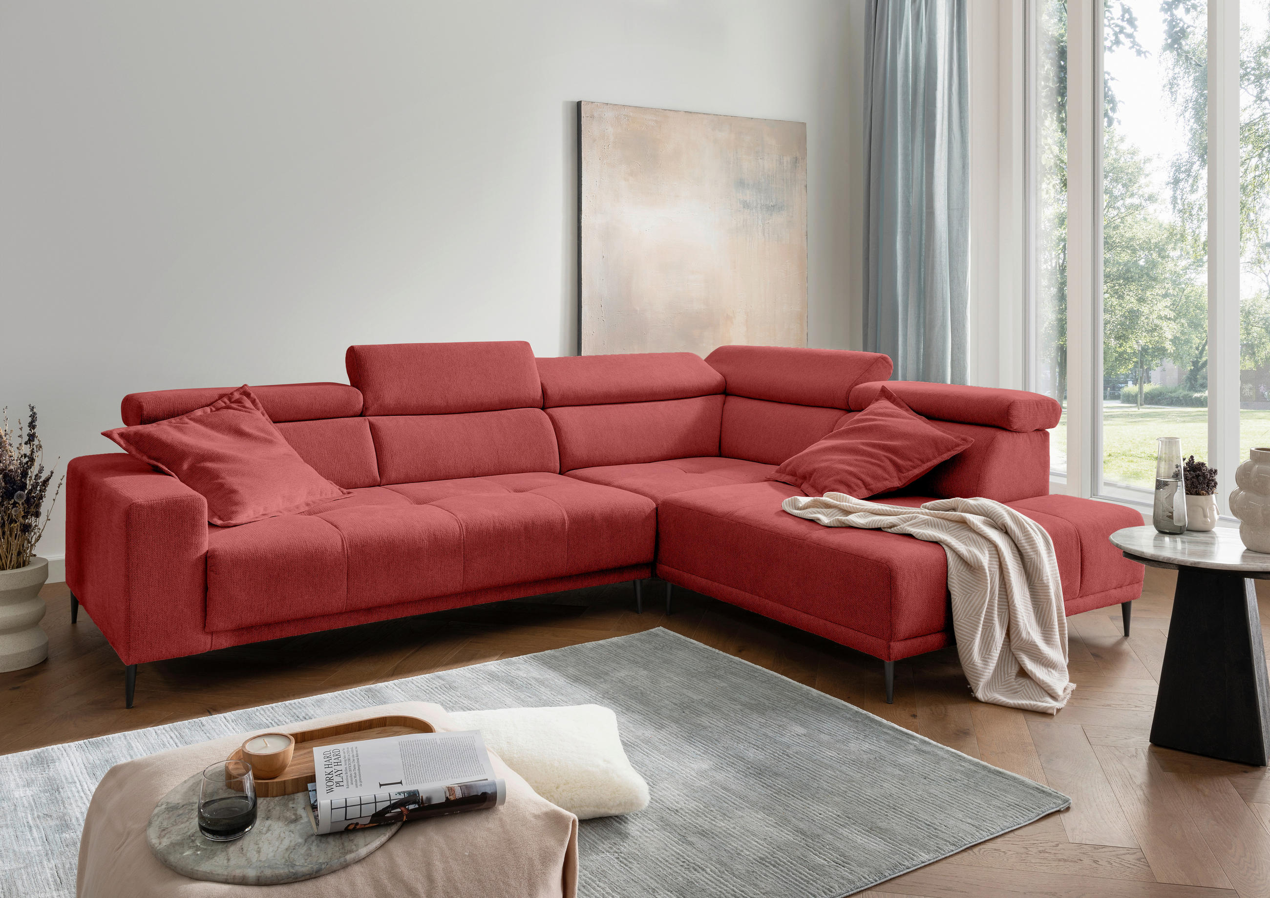 ECKSOFA INTERA Rot Struktur Kopfteilverstellung, Sitzvorzug  - Rot/Schwarz, KONVENTIONELL, Textil/Metall (305/225cm) - Livetastic