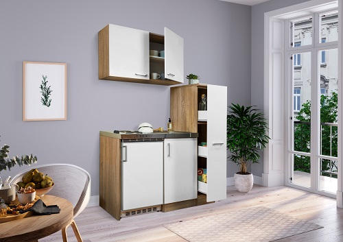 MINIKÜCHE 130 cm   in Weiß, Eichefarben  - Edelstahlfarben/Eichefarben, MODERN, Holzwerkstoff/Metall (130cm) - Respekta