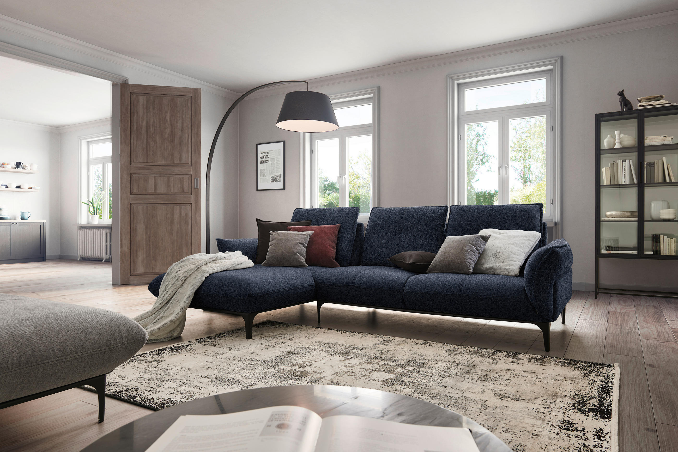 ECKSOFA in Webstoff Blau  - Blau/Schwarz, Natur, Textil (182/277cm) - Valnatura