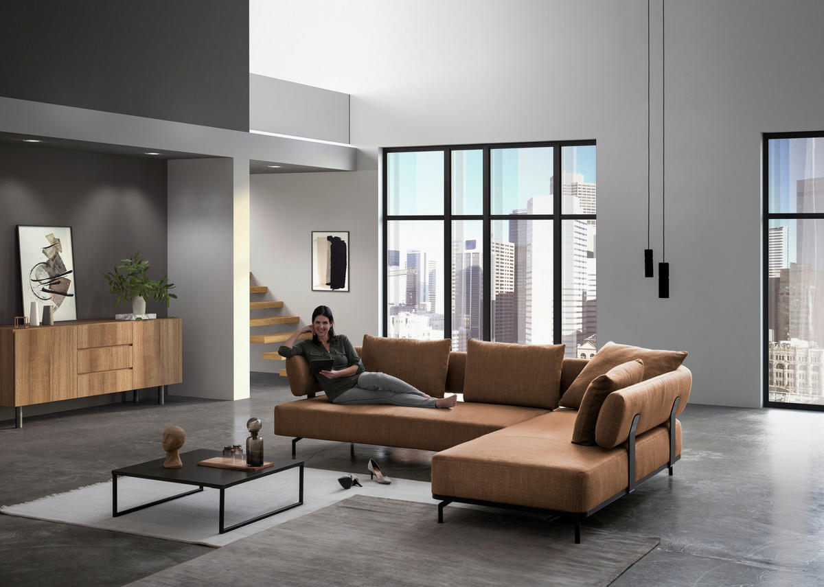 ECKSOFA in Flachgewebe Honig  - Schwarz/Honig, Design, Textil/Metall (302/237cm) - Dieter Knoll
