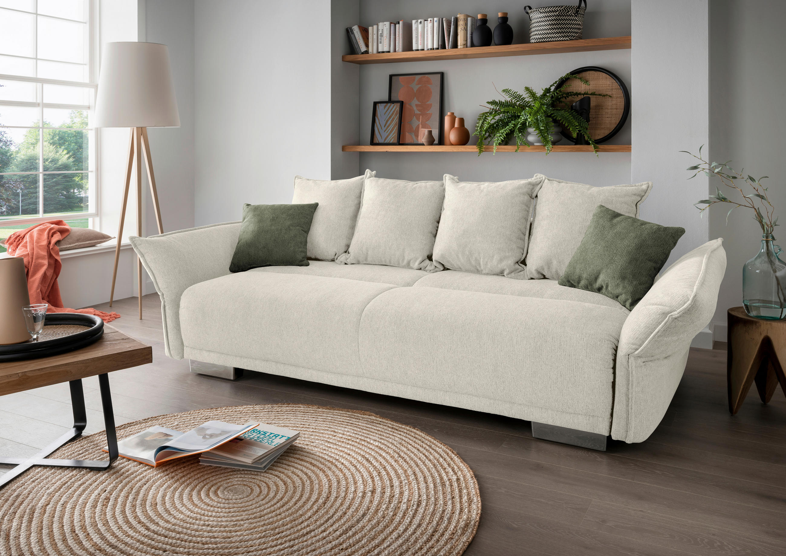 BIGSOFA in Chenille Beige  - Chromfarben/Dunkelgrün, Modern, Kunststoff/Textil (242/71/90/131cm) - Livetastic
