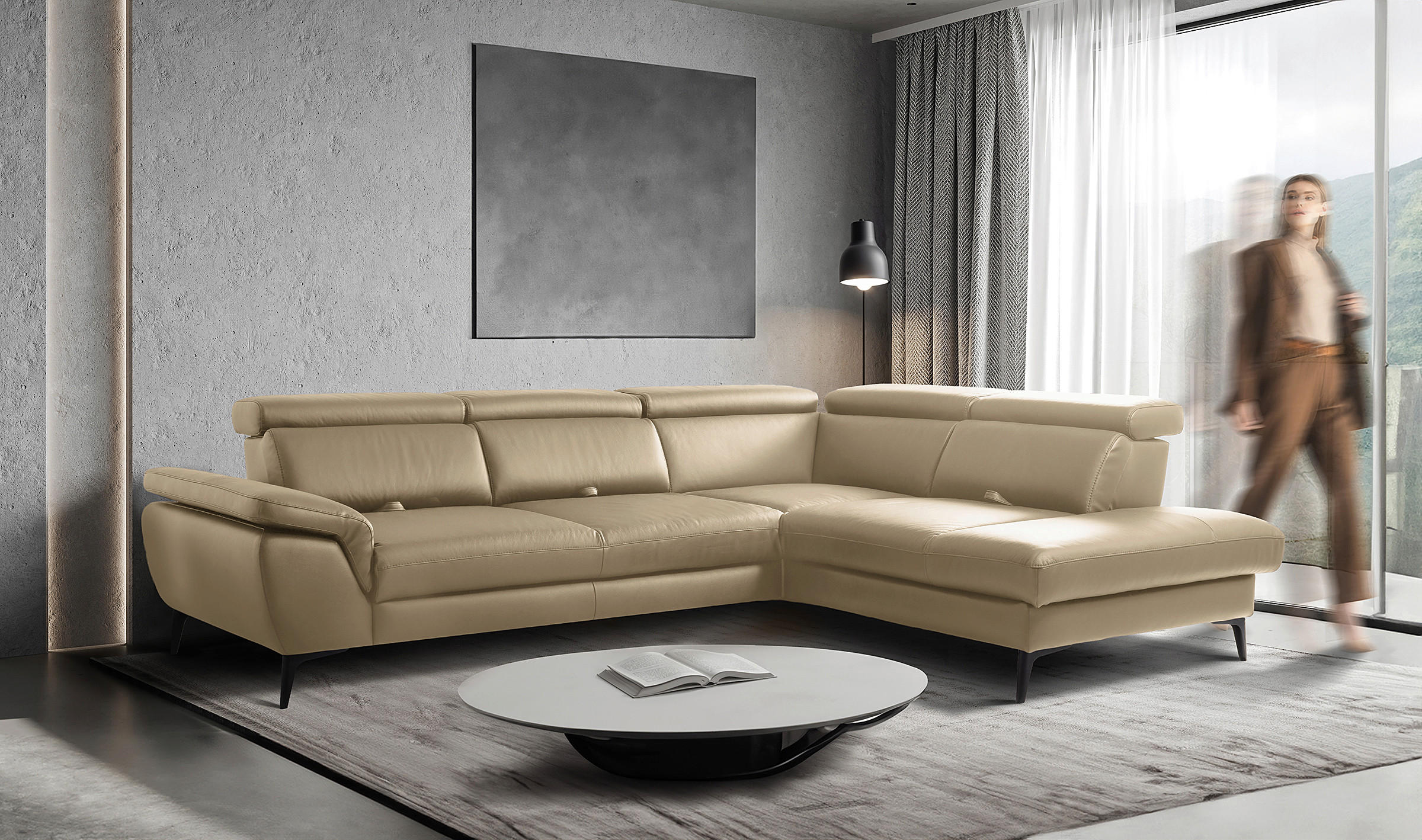 ECKSOFA  in Lederlook Echtleder Hellgrau  274/220 cm  - Hellgrau/Schwarz, Design, Leder/Textil (274/220cm) - Livetastic