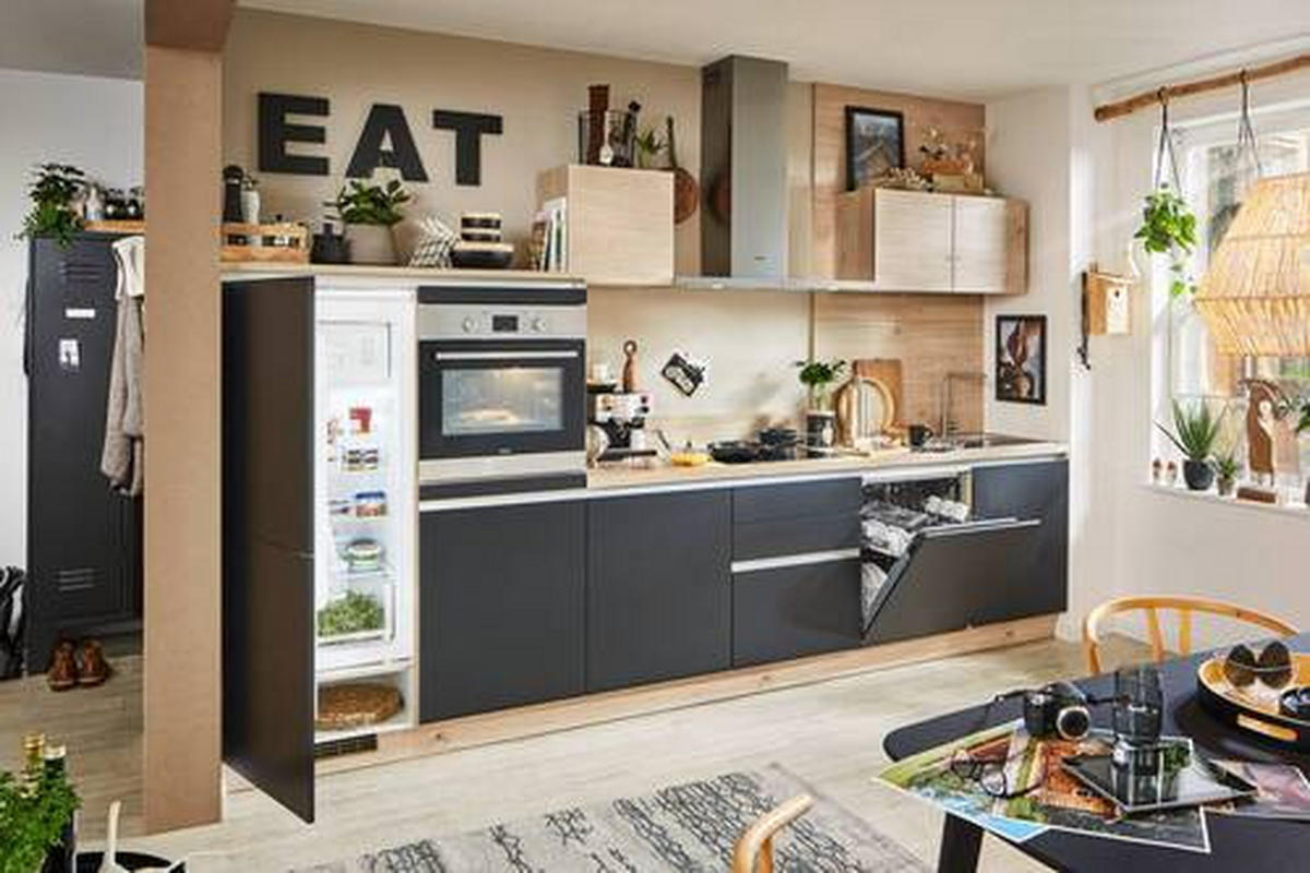 KÜCHENLEERBLOCK 360 cm   in Schwarz, Eichefarben  - Edelstahlfarben/Eichefarben, MODERN, Holzwerkstoff/Metall (360cm) - Express