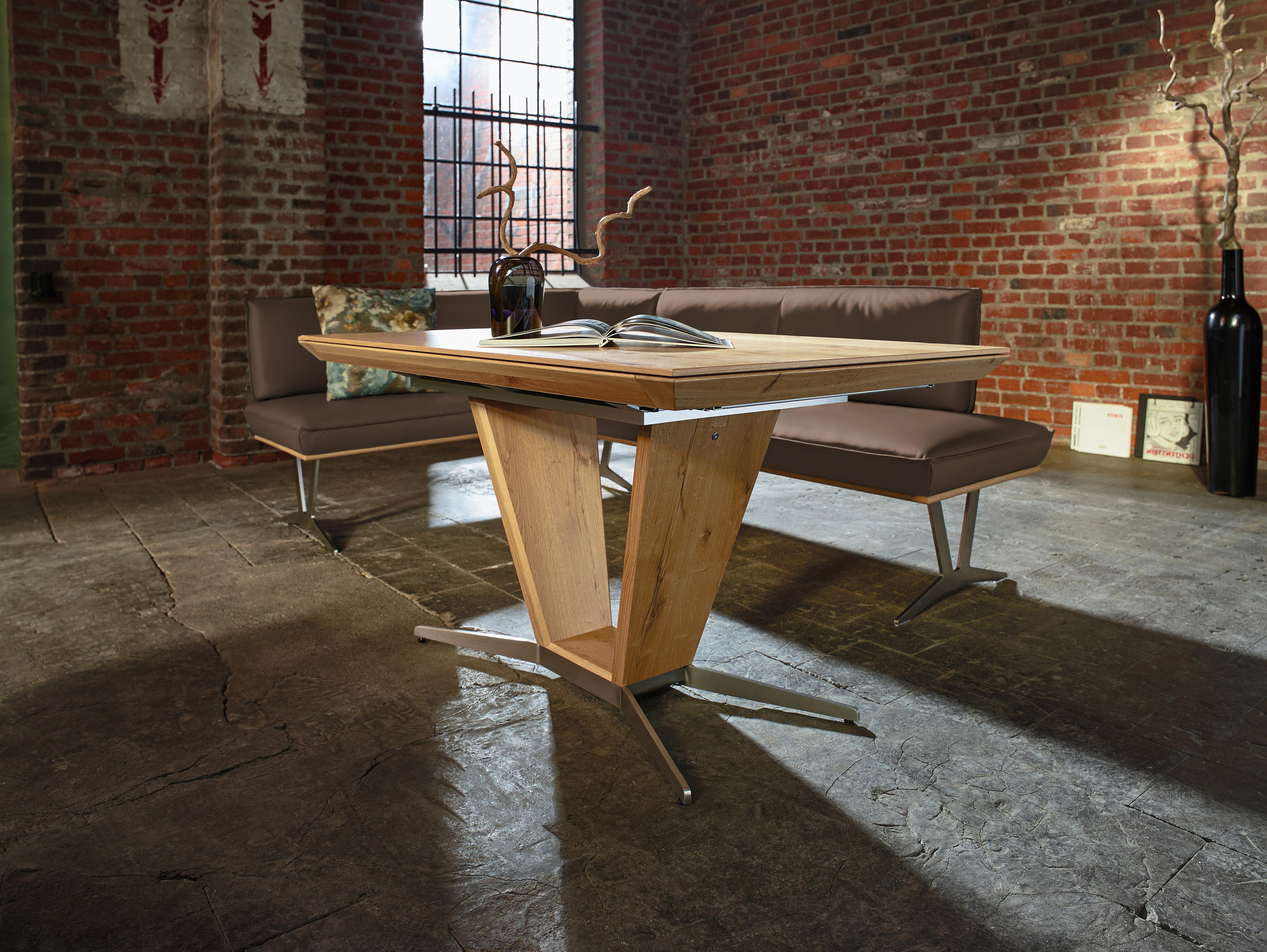 ECKBANK in Holz, Metall, Leder Hellbraun  - Hellbraun/Edelstahlfarben, Design, Leder/Holz (162/257cm) - Ambiente