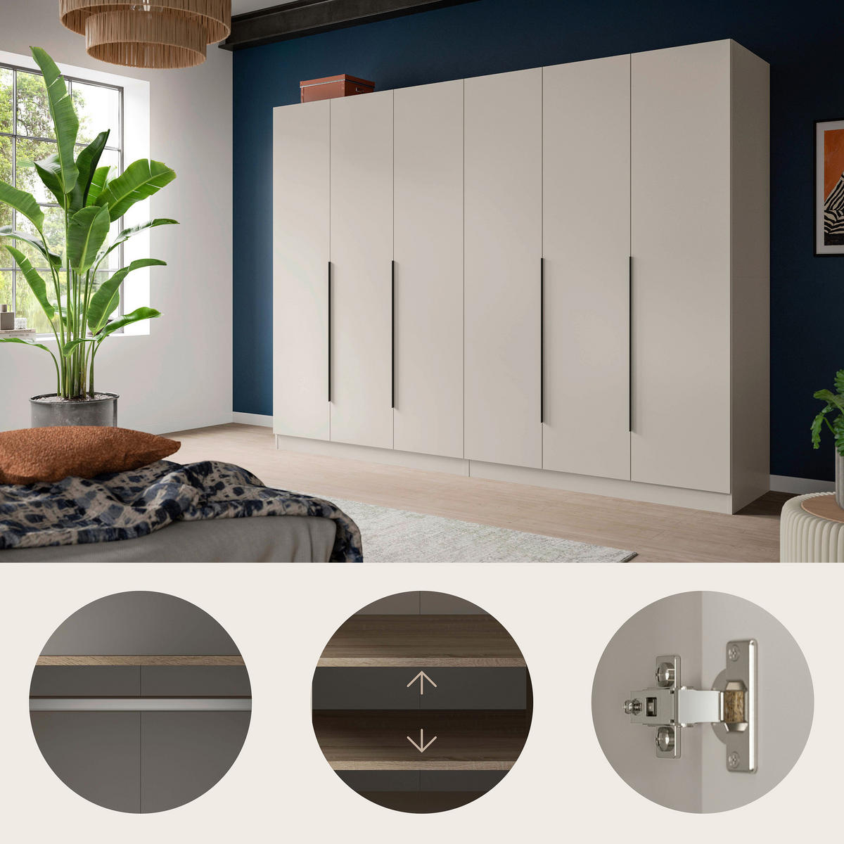DREHTÜRENSCHRANK 240/181/52 cm,  in Kaschmir, 6-türig  - Kaschmir/Schwarz, MODERN, Holzwerkstoff/Kunststoff (240/181/52cm) - Livetastic