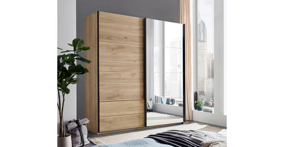 SCHWEBETÜRENSCHRANK 215/225,5/60,5 cm 2-türig Eichefarben  - Eichefarben/Schwarz, MODERN, Glas/Holzwerkstoff (215/225,5/60,5cm) - Xora