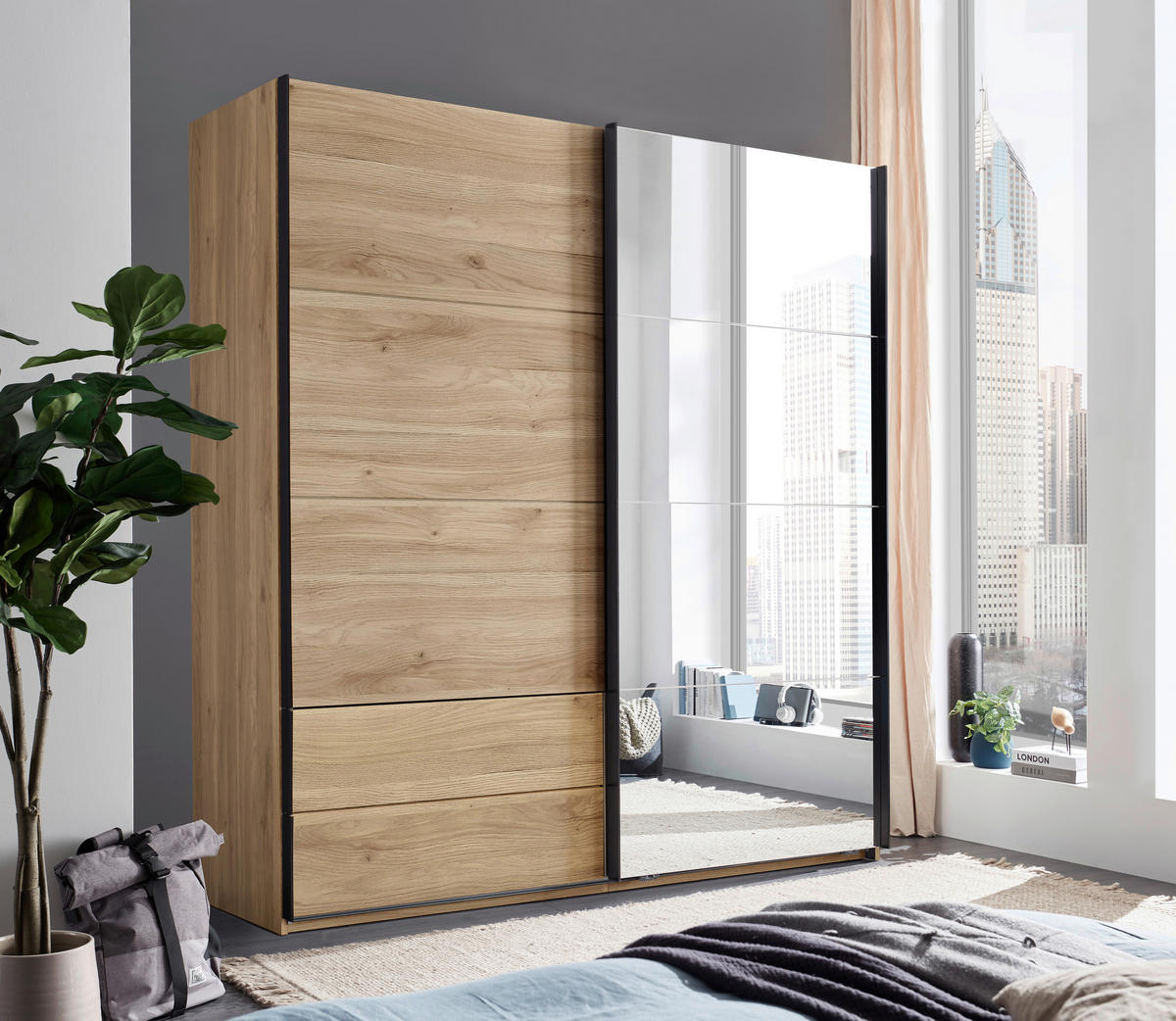 SCHWEBETÜRENSCHRANK Eichefarben  - Eichefarben/Schwarz, Modern, Glas/Holzwerkstoff (215/225,5/60,5cm) - Xora