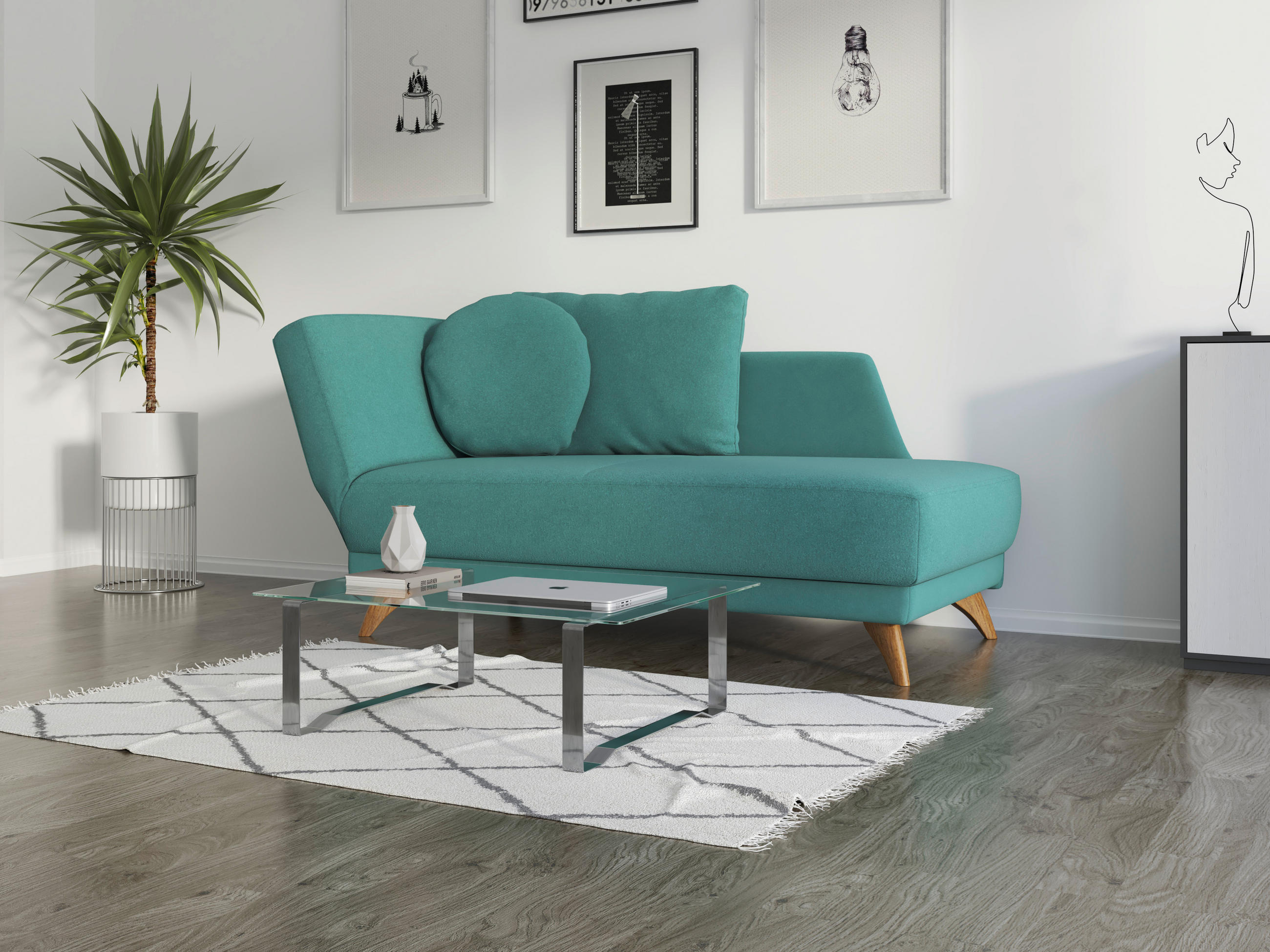 RÉCAMIERE in Flachgewebe Petrol  - Eichefarben/Petrol, Modern, Holz/Textil (205/74/94cm) - Bali