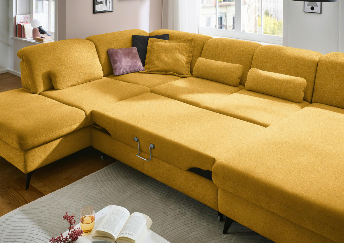 WOHNLANDSCHAFT Chenille Currygelb  - Currygelb/Schwarz, Design, Textil/Metall (255/369/198cm) - Beldomo Style