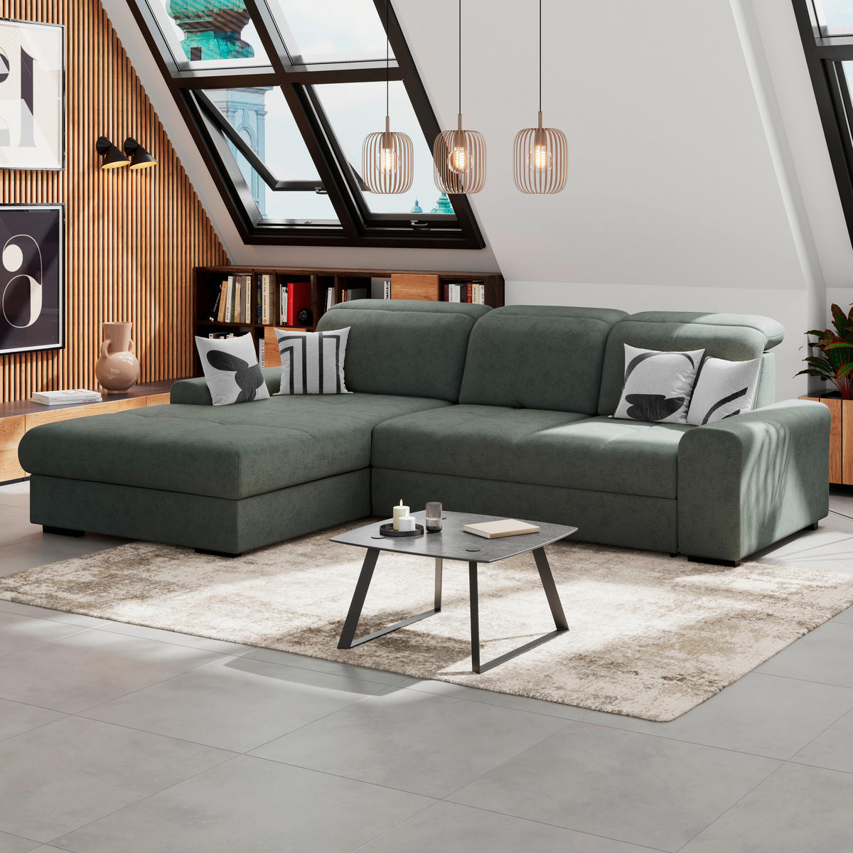 ECKSOFA Grün Chenille Rücken echt, Kopfteilverstellung  - Schwarz/Grün, KONVENTIONELL, Holz/Textil (203/286cm) - MID.YOU