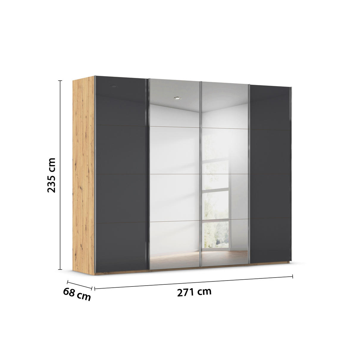 SCHWEBETÜRENSCHRANK 271/235/68 cm 4-türig Schwarz, Eiche Artisan  - Chromfarben/Schwarz, Design, Glas/Holzwerkstoff (271/235/68cm) - Novel