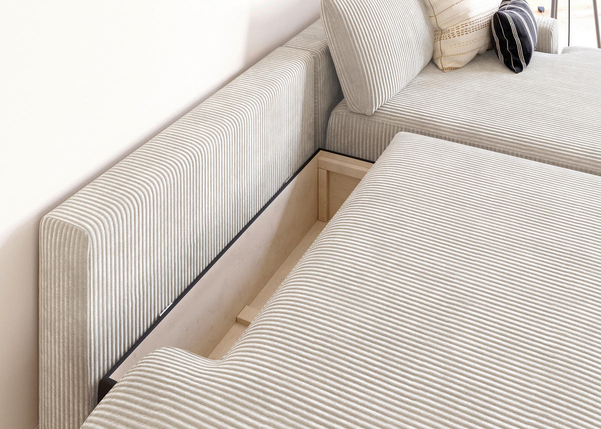 ECKSCHLAFSOFA  mit Schlafen auf Sitzhöhe, Rücken echt, Armteil rechts Cord Creme  - Creme/Schwarz, MODERN, Kunststoff/Textil (253/167cm) - Trendmanufaktur