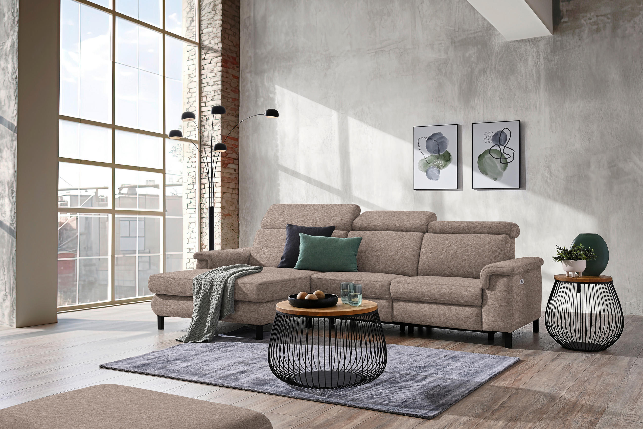 ECKSOFA in Flachgewebe Taupe  - Taupe/Schwarz, Konventionell, Textil/Metall (182/304cm) - Pure Home Comfort