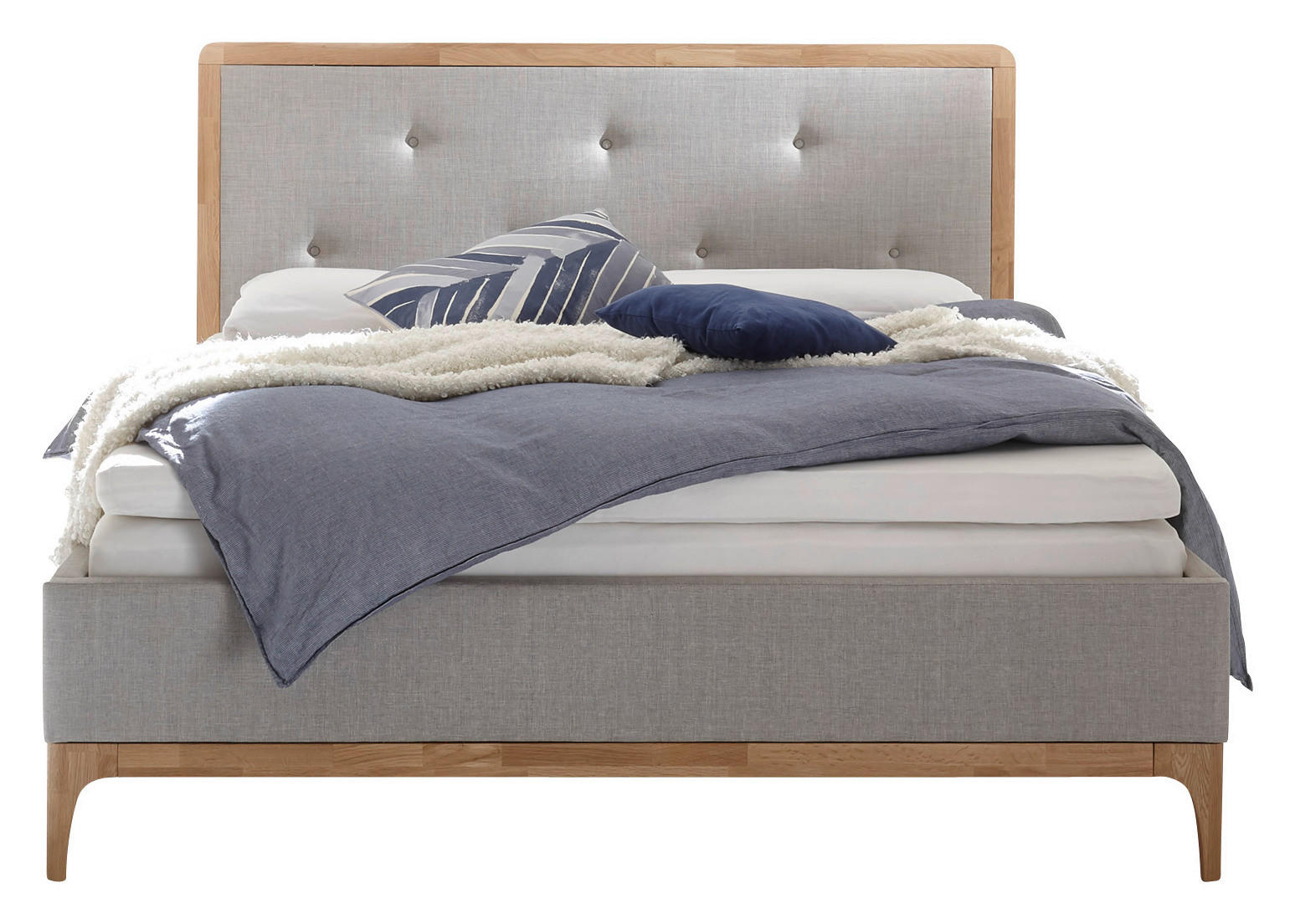 Thumbnail - Hasena Polsterbett, Grau, Eiche, Holz, Textil, Eiche, massiv, 180x200 cm, gepolstertes Kopfteil, Lattenrosthöhe individu...