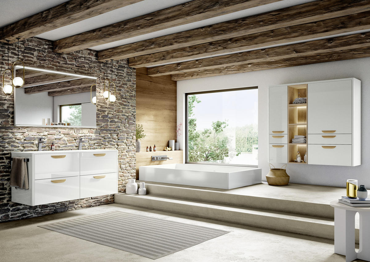 BADEZIMMER 3-teilig  in 81 cm  - Edelstahlfarben/Weiß Hochglanz, MODERN, Holzwerkstoff/Stein (81cm) - Nobilia