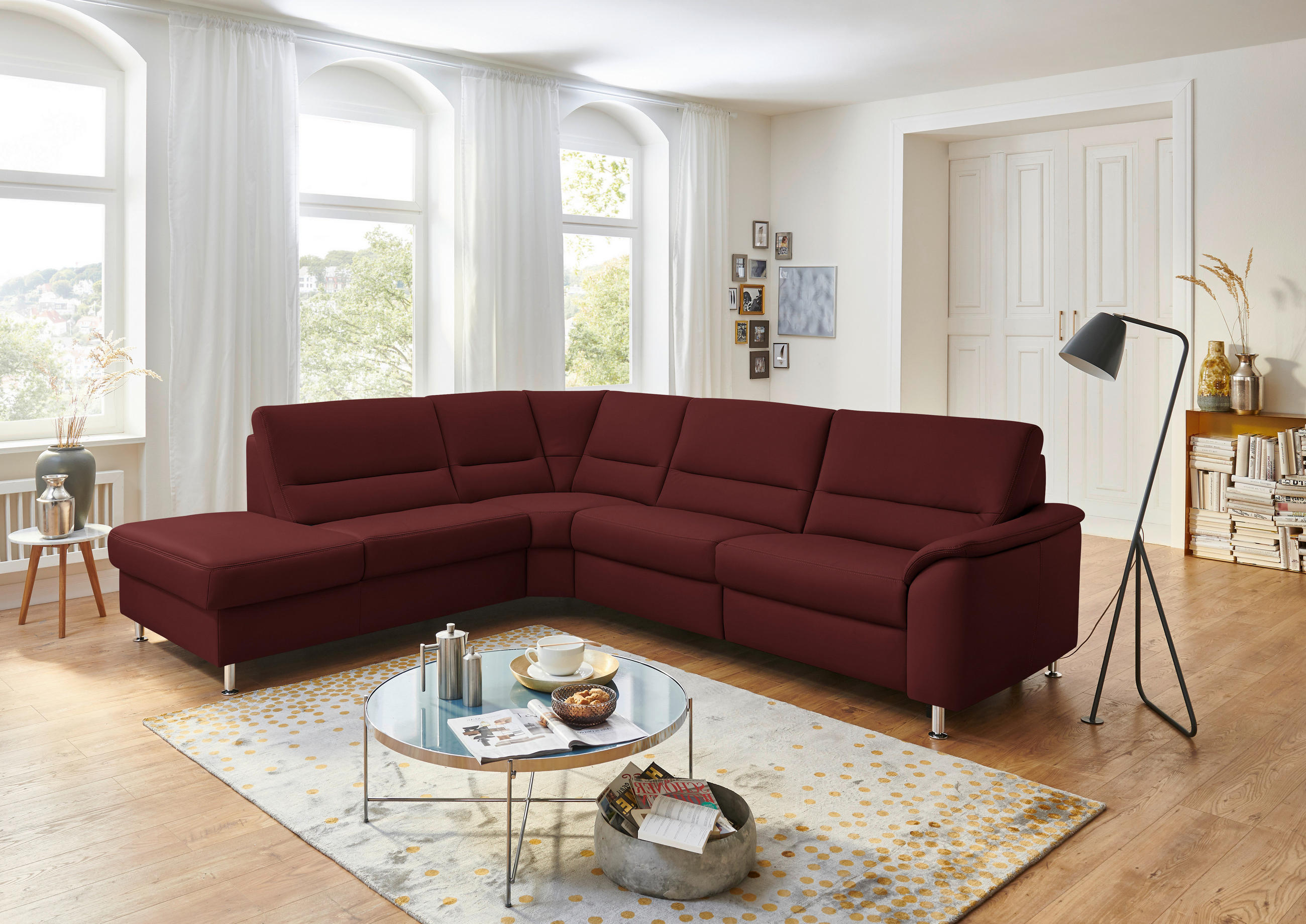 ECKSOFA in Echtleder Brombeere  - Brombeere/Alufarben, Basics, Leder/Metall (249/290cm) - Beldomo Premium