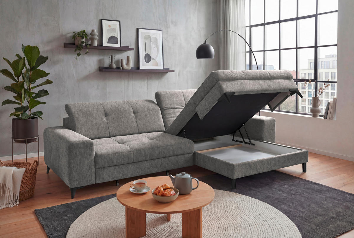 ECKSOFA SORELLA Grau Chenille Kopfteilverstellung, Sitztiefenverstellung  - Schwarz/Grau, Design, Kunststoff/Textil (328/182cm) - MID.YOU