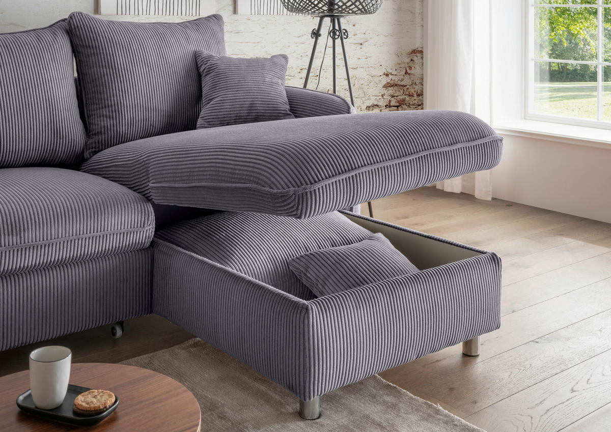 ECKSCHLAFSOFA in Cord Grau  - Chromfarben/Grau, Modern, Textil/Metall (254/160cm) - Livetastic