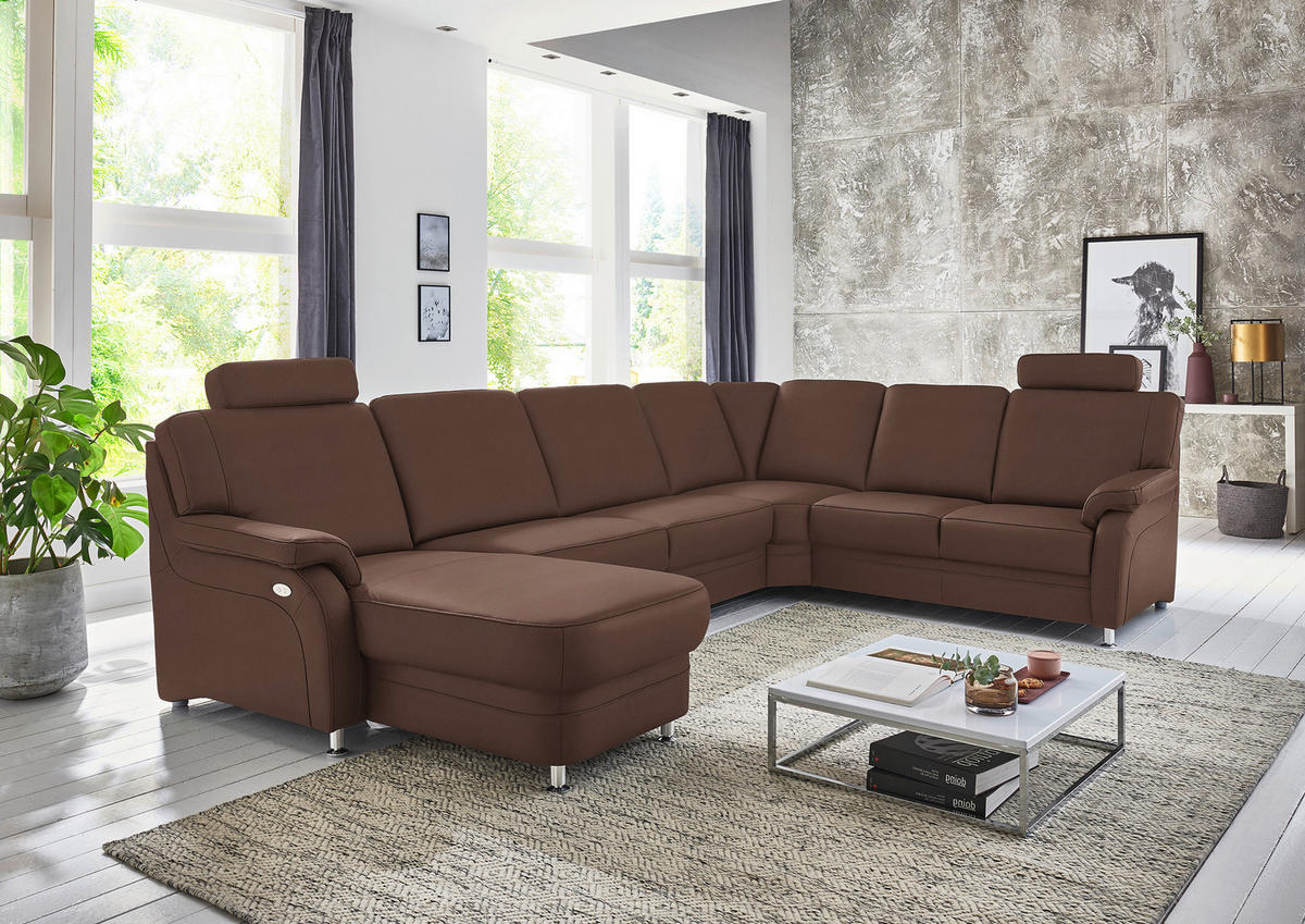WOHNLANDSCHAFT Echtleder Mokka  - Alufarben/Mokka, Konventionell, Leder/Metall (165/329/239cm) - Beldomo Premium