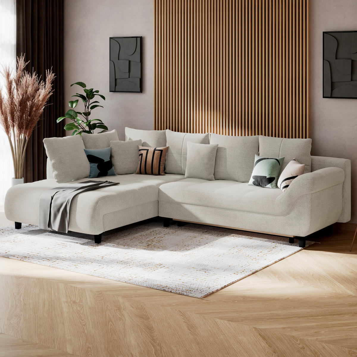 ECKSOFA MENDOZA NEW Creme Chenille, Struktur Zierkissen, Rückenkissen, Bettkasten  - Creme/Schwarz, KONVENTIONELL, Textil (197/309cm) - MID.YOU