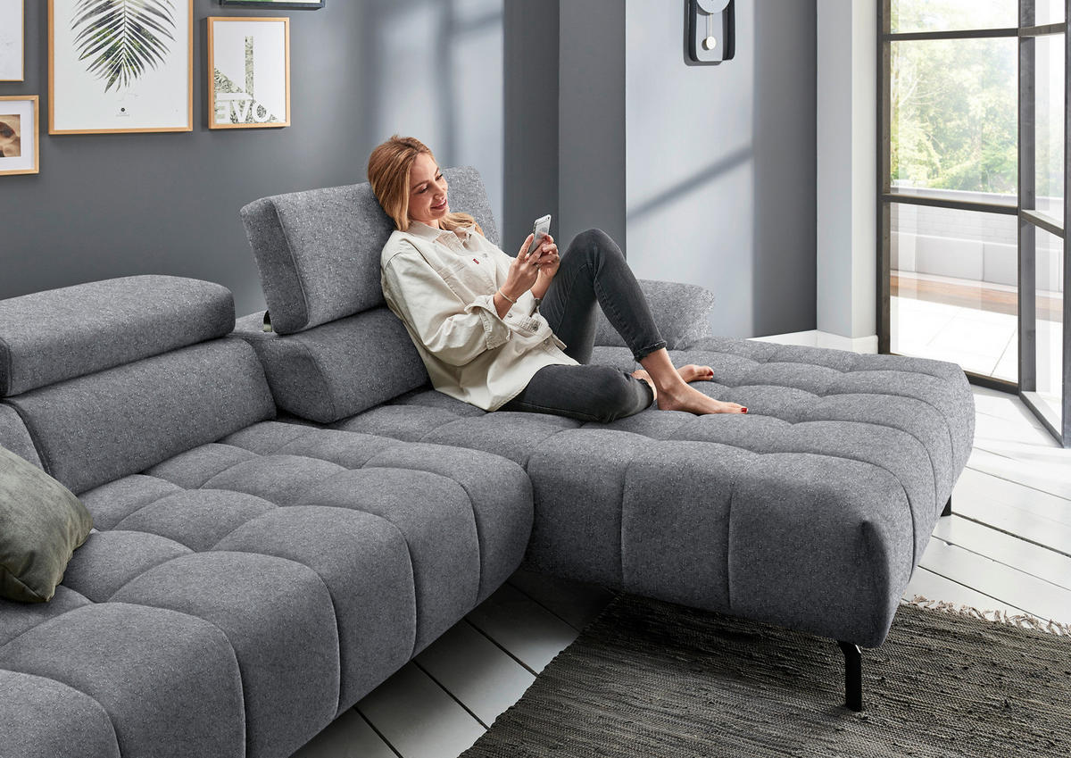 ECKSOFA in Chenille Grau  329/190 cm  - Schwarz/Grau, Design, Textil/Metall (329/190cm) - Beldomo Style