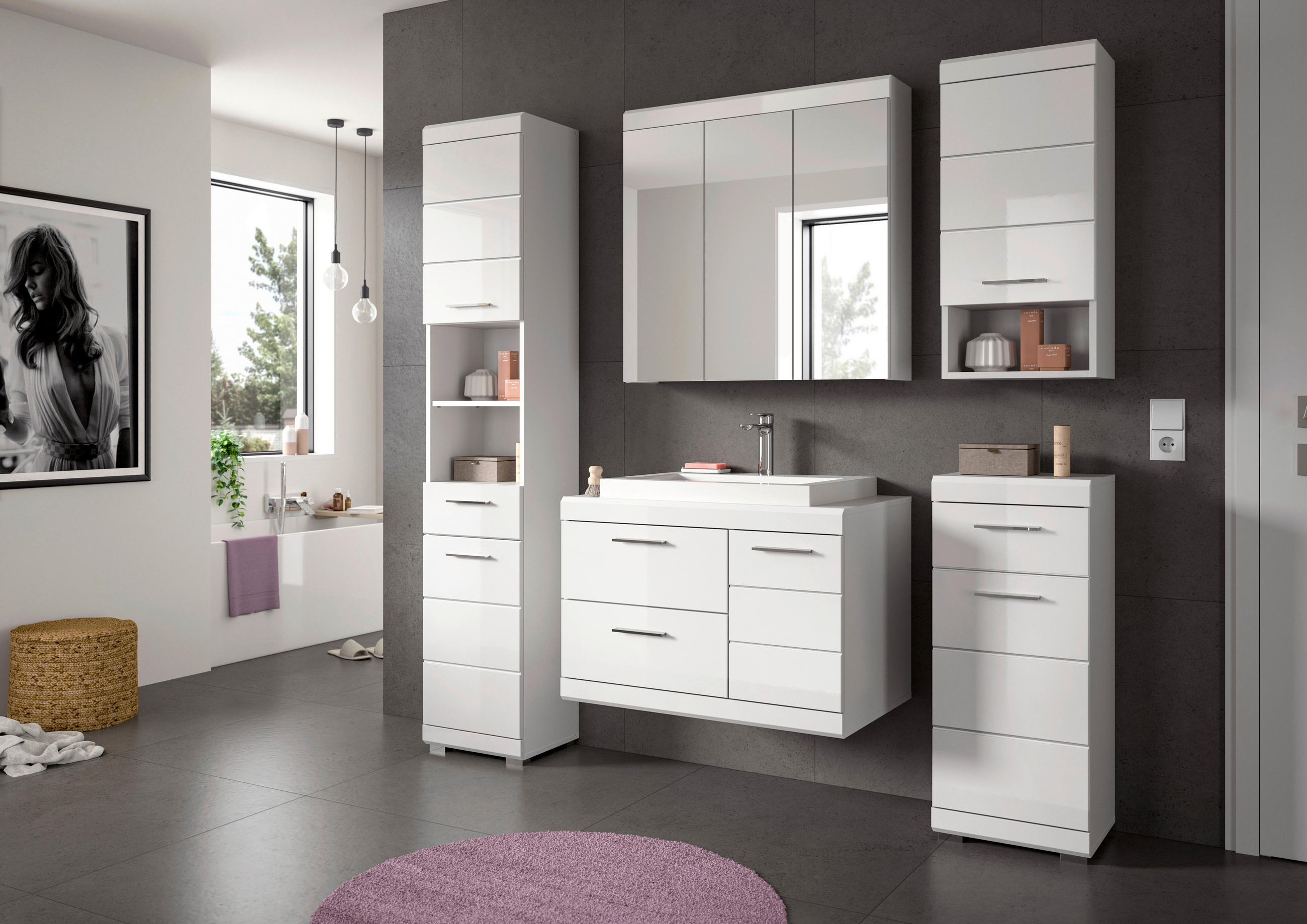 BADEZIMMER 6-teilig  in 184 cm  - Weiß Hochglanz/Silberfarben, Trend, Glas/Holzwerkstoff (184cm) - MID.YOU