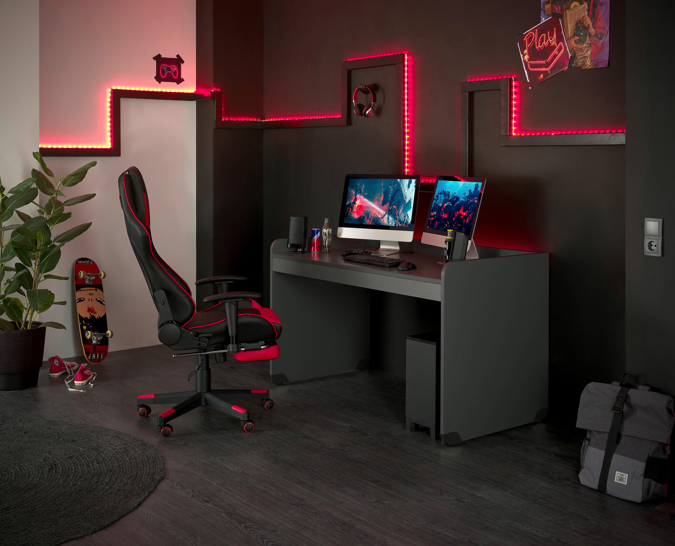 GAMING TISCH Graphitfarben  - Graphitfarben, MODERN, Kunststoff (144,4/72/84,3cm) - MID.YOU