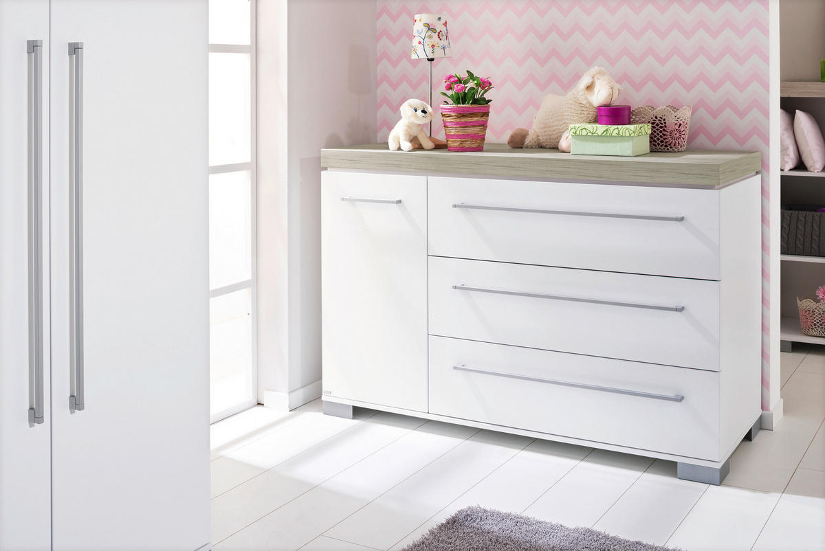 WICKELKOMMODE Kira Weiß, Eichefarben  - Eichefarben/Silberfarben, KONVENTIONELL, Holzwerkstoff/Metall (135,3/90,3/55,6cm) - Paidi