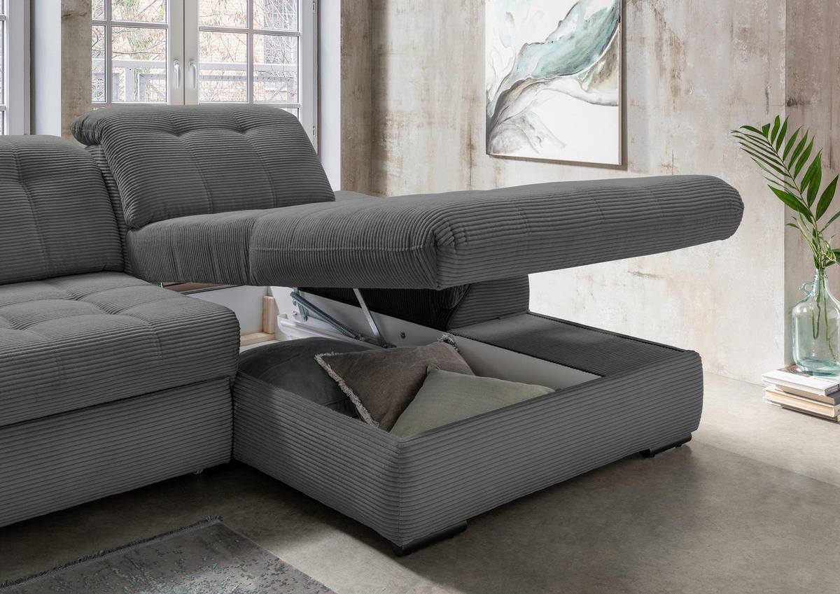 ECKSOFA Grau Cord  - Schwarz/Grau, MODERN, Textil/Metall (314/184cm) - Livetastic