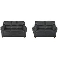SITZGARNITUR Schwarz Echtleder  - Eichefarben/Schwarz, MODERN, Leder/Holz - Livetastic