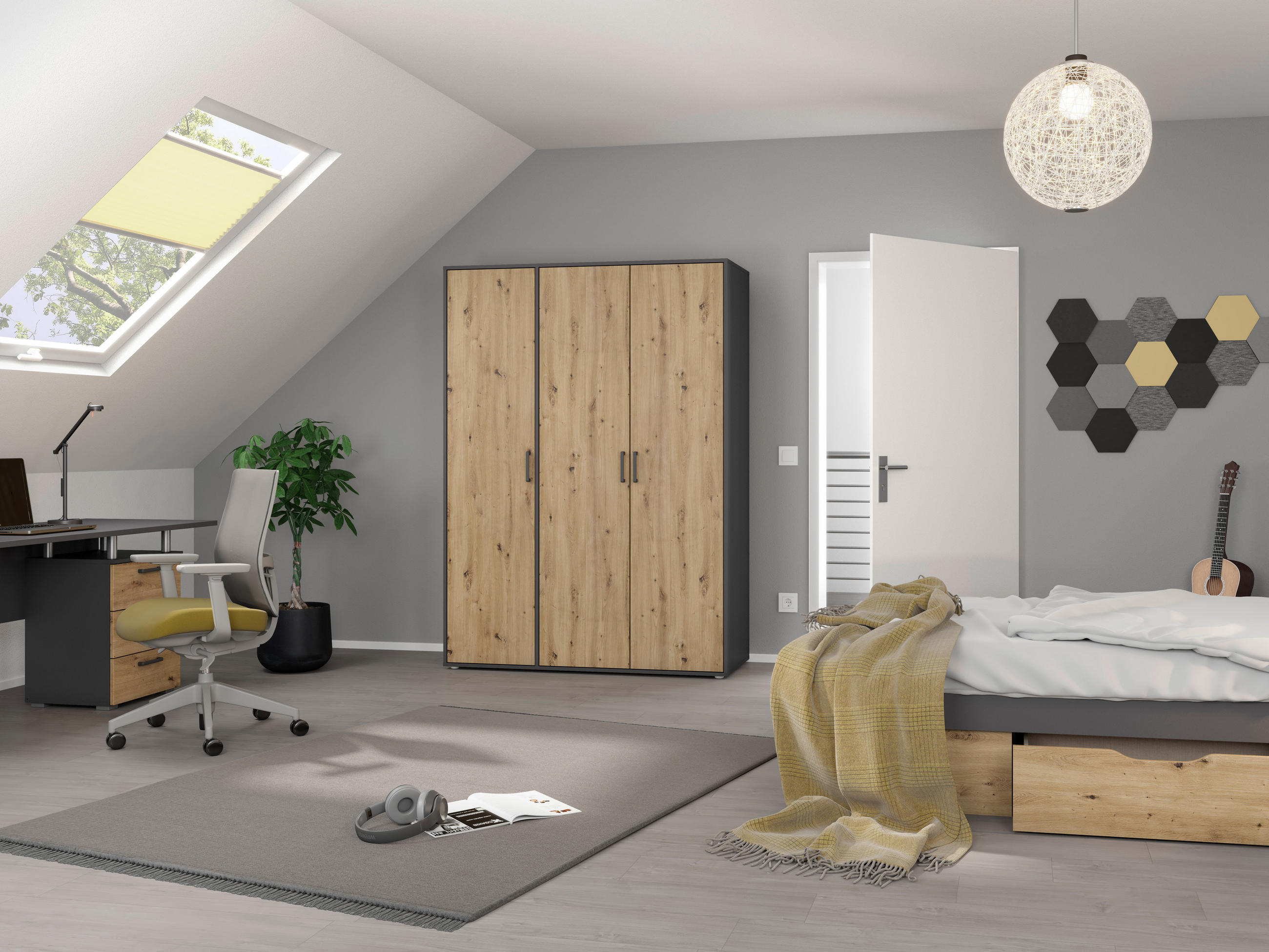 DREHTÜRENSCHRANK in Grau, Eiche Artisan  - Eiche Artisan/Grau, Modern, Holzwerkstoff/Kunststoff (140/194/53cm) - Rauch Möbel