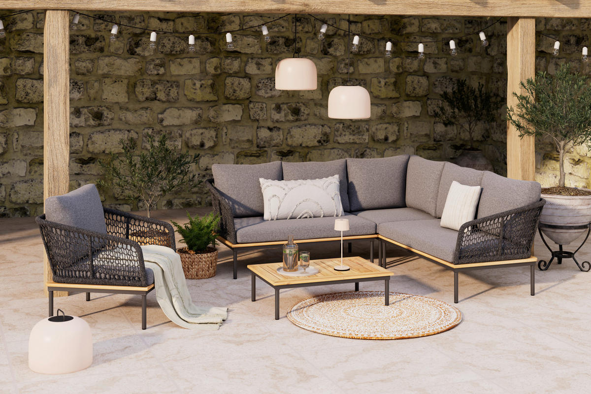 KERTI BÚTORSZETT 5 részes  - antracit/tíkfa színű, Modern, textil/fa - Ambia Garden