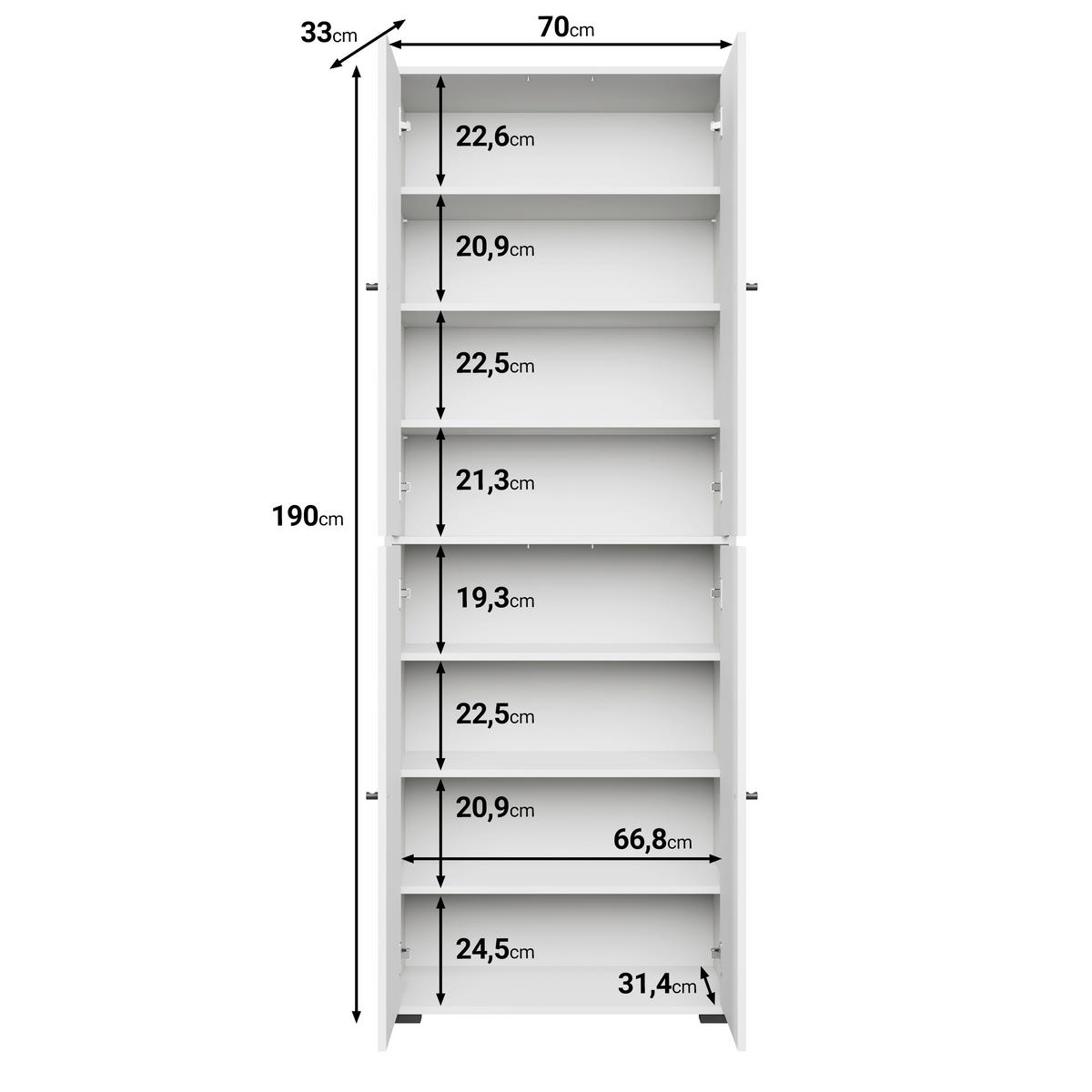 SKOSKÅP  i 70/190/33 cm  - vit/svart, Basics, metall/trämaterial (70/190/33cm) - P & B