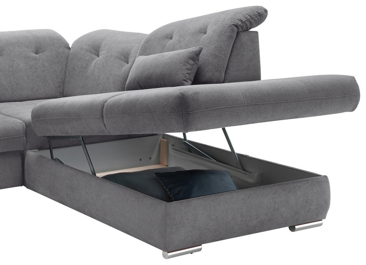 WOHNLANDSCHAFT in Chenille Dunkelgrau  - Chromfarben/Dunkelgrau, Design, Textil/Metall (195/376/254cm) - Livetastic