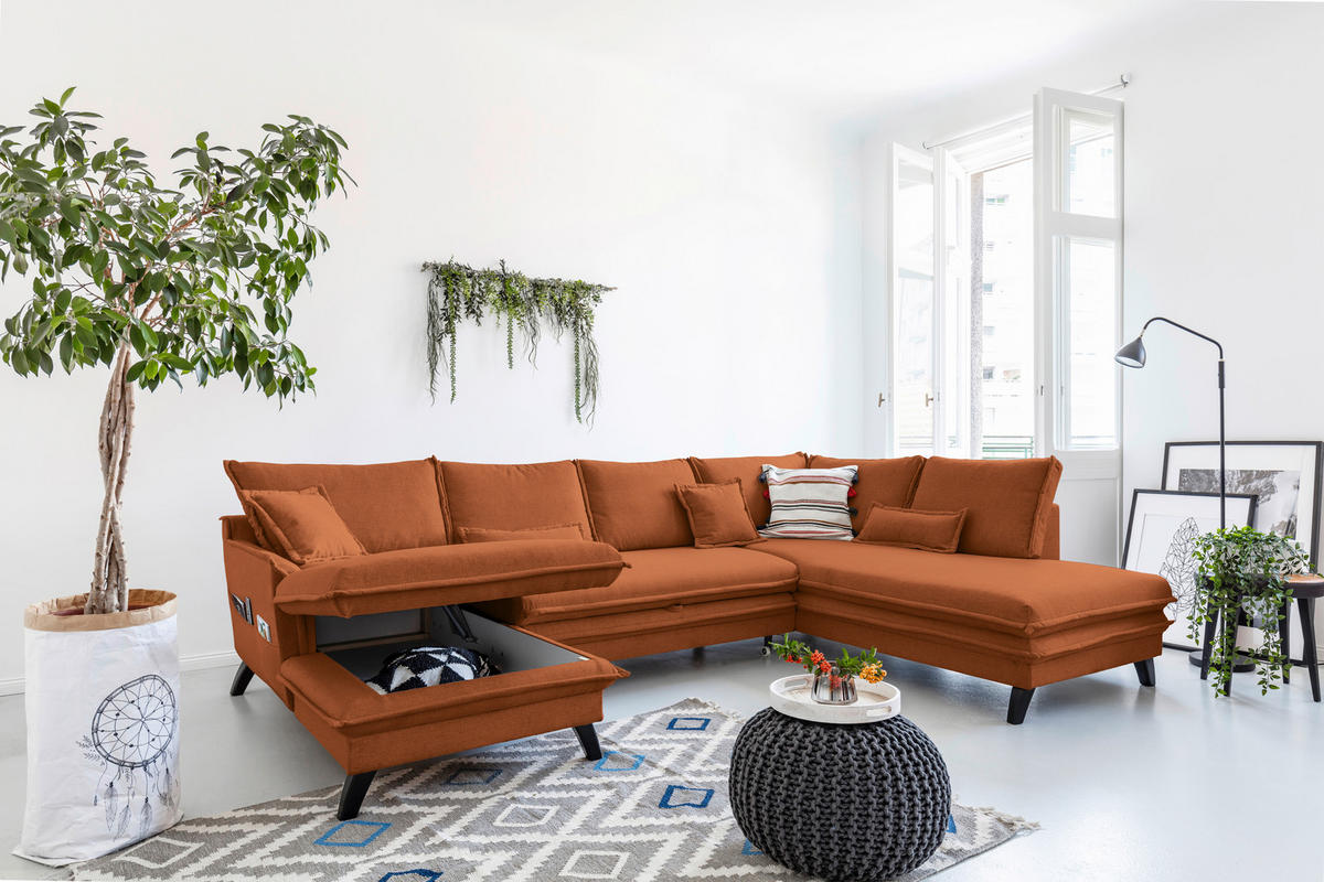 WOHNLANDSCHAFT Mikrofaser Terracotta  - Terracotta/Schwarz, Design, Holz/Textil (150/302/200cm) - P & B