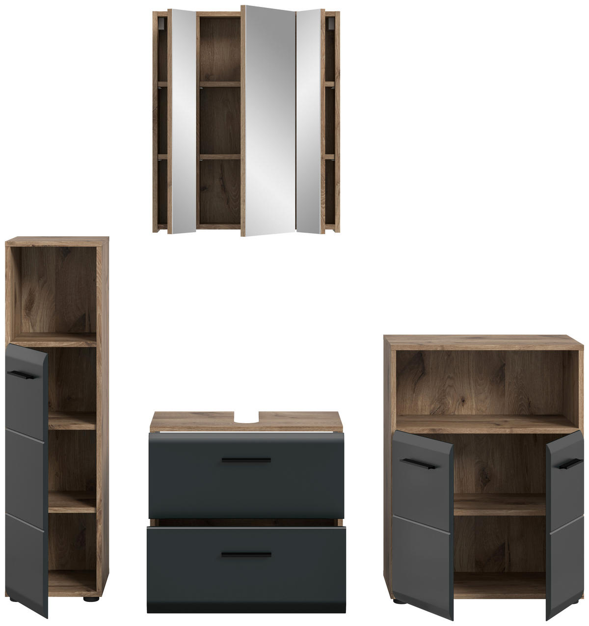 BADEZIMMER 4-teilig  in 150 cm  - Eiche dunkel/Schwarz, Basics, Holzwerkstoff/Kunststoff (150cm) - MID.YOU