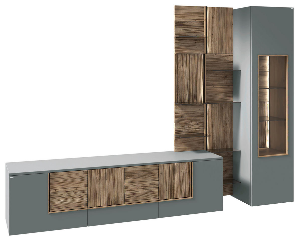 WOHNWAND VLACERA LIVING  in Grau, Olivgrün, Wildeiche  272/196/50 cm  - Wildeiche/Olivgrün, Design, Glas/Holz (272/196/50cm) - Voglauer