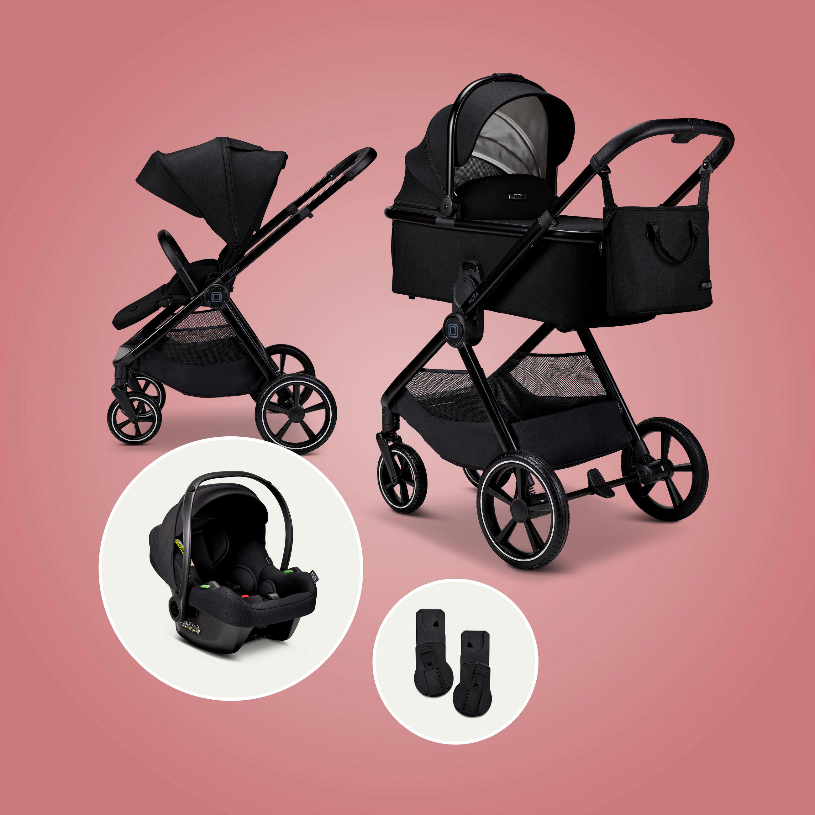 KINDERWAGENSET  Aura Set  Onyx Melange  - Schwarz, Basics (140/61/115cm) - Moon