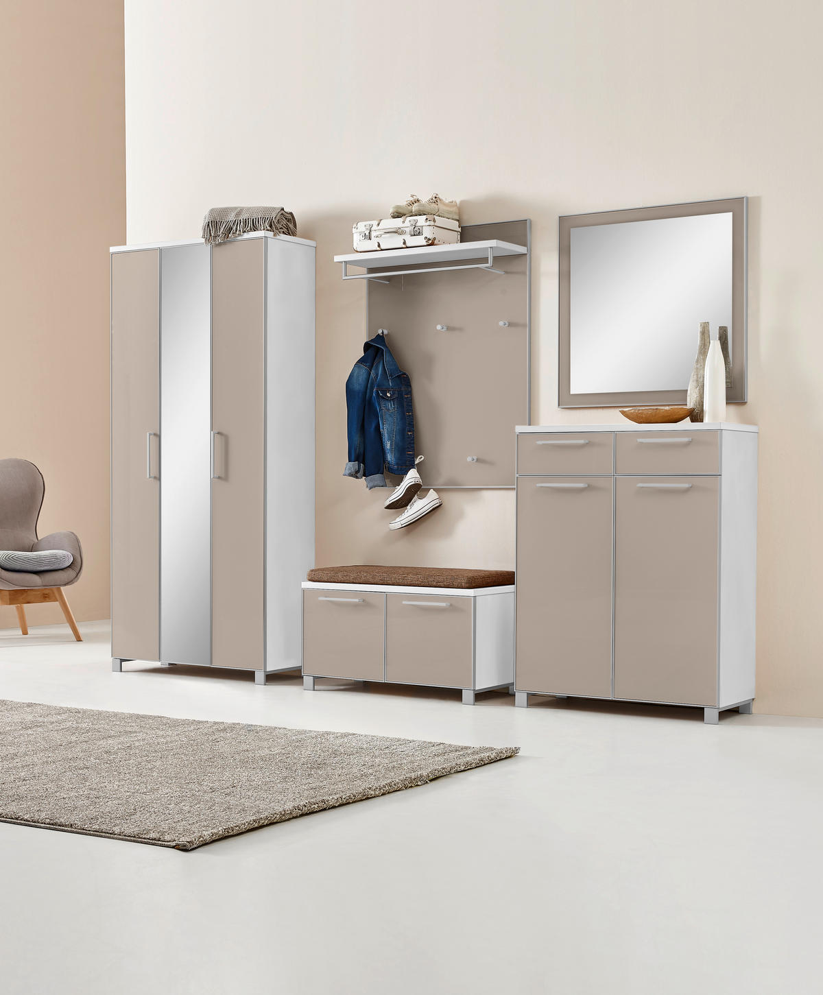 GARDEROBE 6-teilig  in 265/195/40 cm  - Taupe/Hellbraun, Design, Glas/Holzwerkstoff (265/195/40cm)