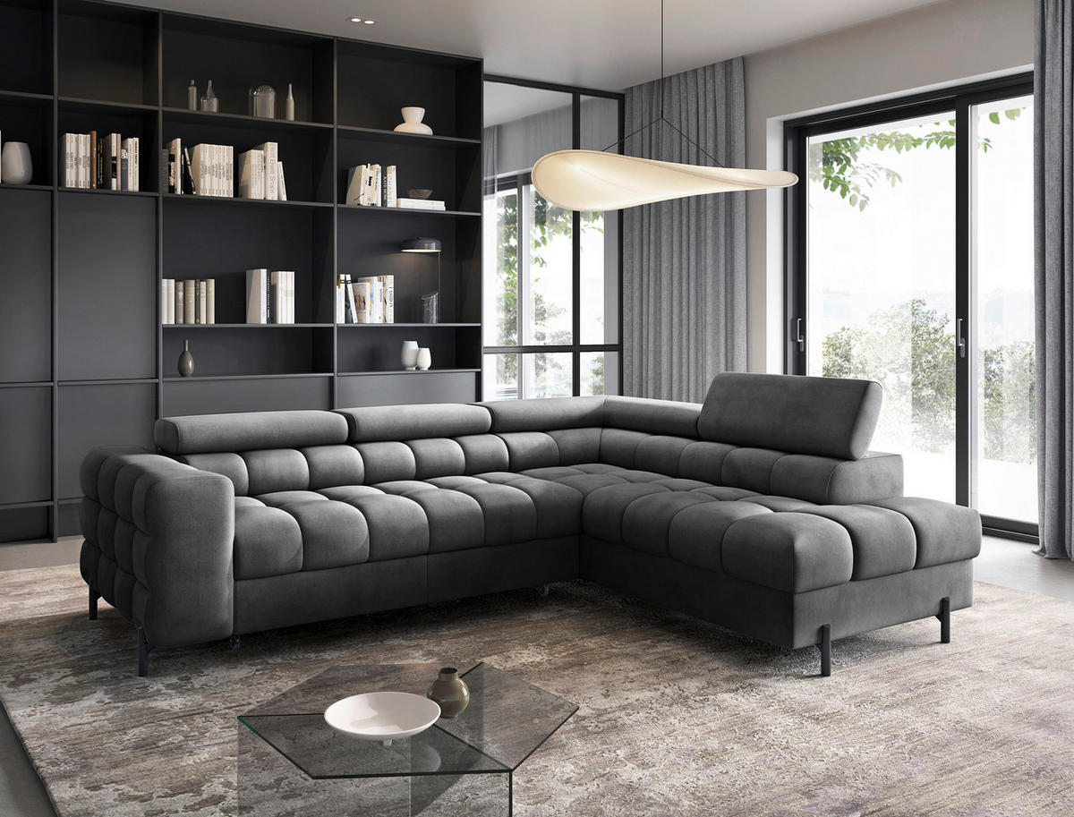 ECKSOFA FERUCCE in Flachgewebe Dunkelgrau  276/200 cm  - Dunkelgrau/Schwarz, Design, Textil/Metall (276/200cm) - MID.YOU