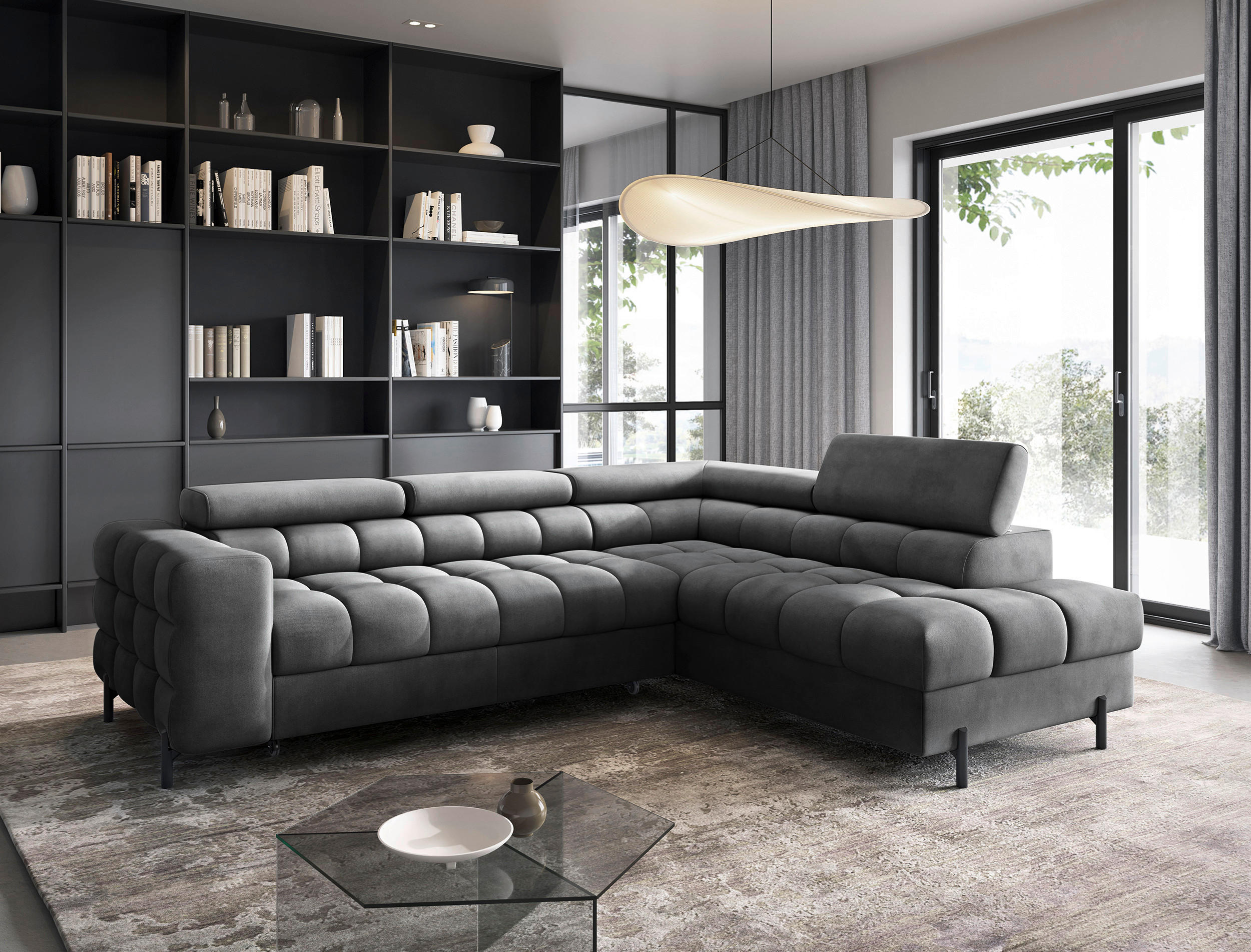 P & B ROHOVÁ SEDAČKA, textil, tmavě šedá