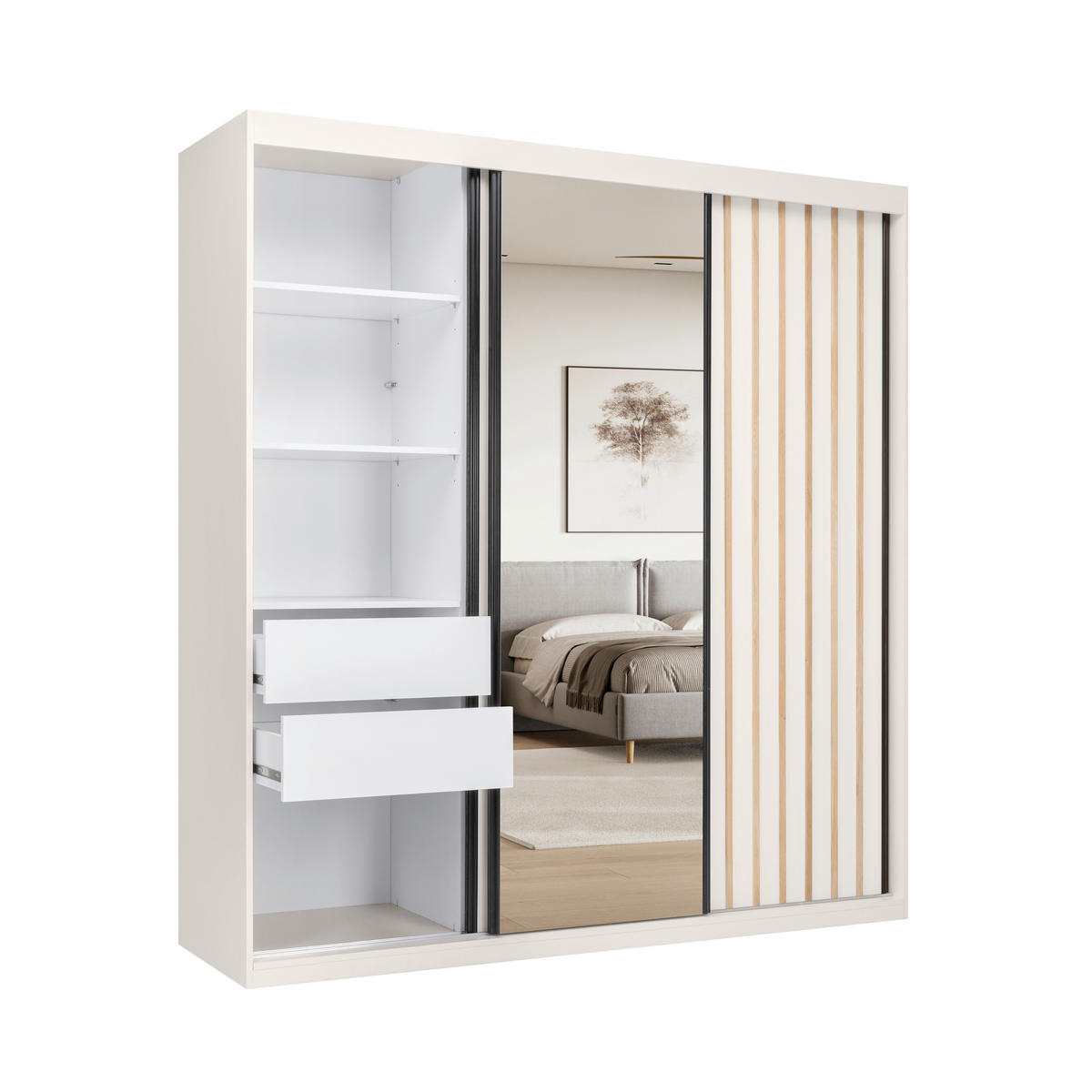 SKRIŇA S POSUVNÝMI DVERAMI, kašmírová, 200/215/59,5 cm - čierna/biela, Modern, kov/kompozitné drevo (200/215/59,5cm) - P & B