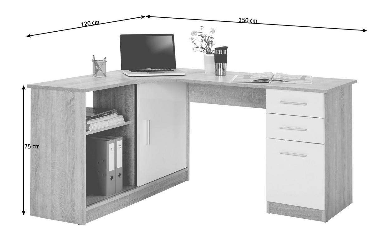 ECKSCHREIBTISCH 120/150/75 cm  in Weiß, Eichefarben  - Eichefarben/Alufarben, KONVENTIONELL, Holzwerkstoff/Kunststoff (120/150/75cm) - Venda