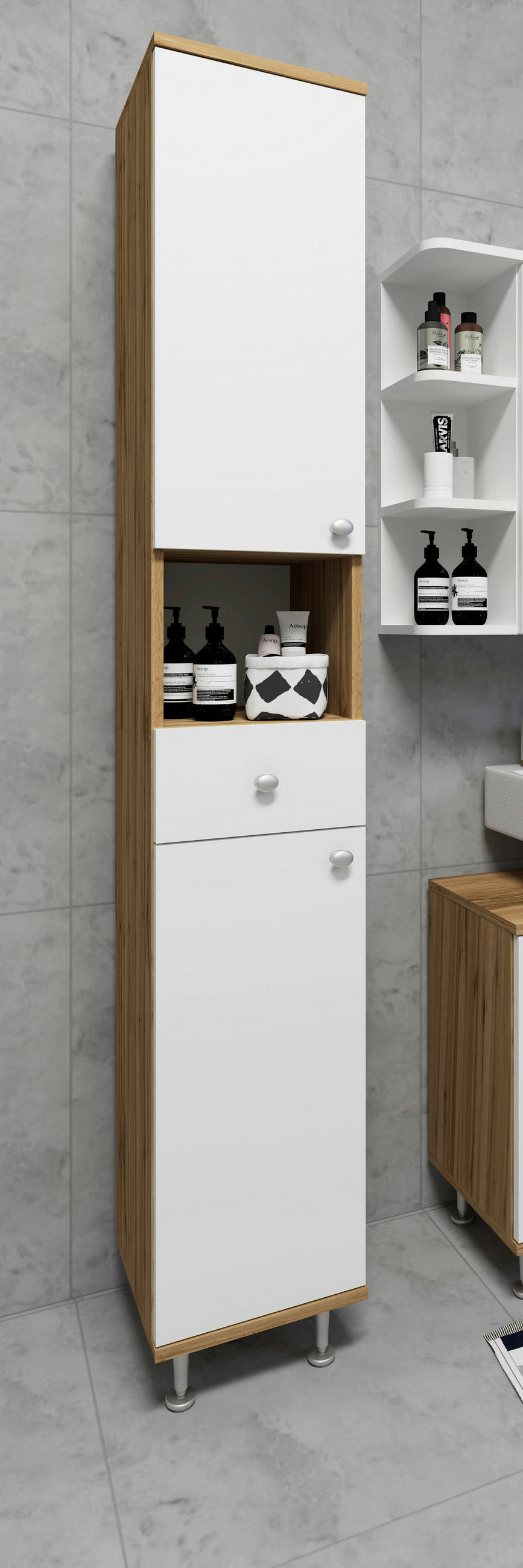 HOCHSCHRANK 30/185/31 cm  - Honigeiche/Silberfarben, MODERN, Holzwerkstoff/Kunststoff (30/185/31cm) - MID.YOU